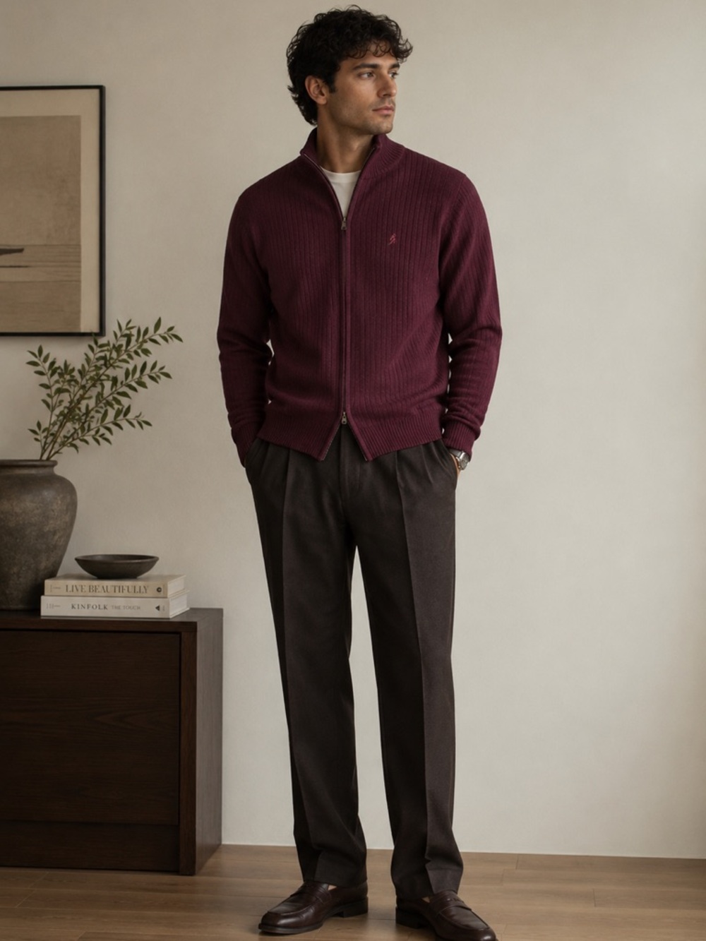 Cashmere Men's Zip-Up Maroon Sweater Excellent Condition